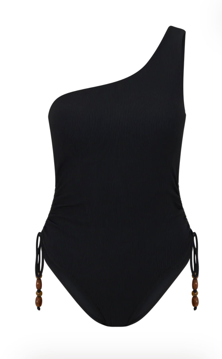 ONE SHOULDER RUCHED ONE PIECE - Black Ribbed