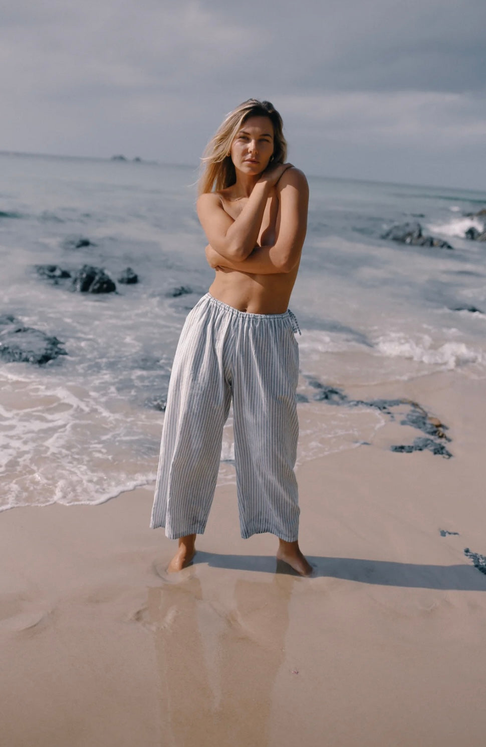 CHLOE TIE PANT WASHED BLUE STRIPE