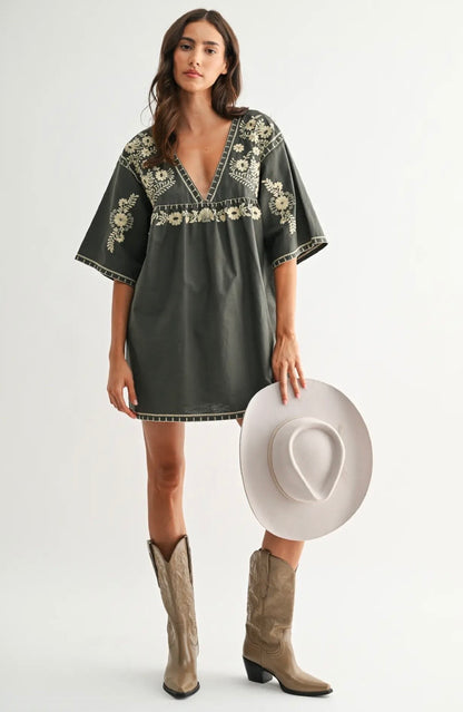 THE EMBROIDERED DRESS OLIVE GREEN