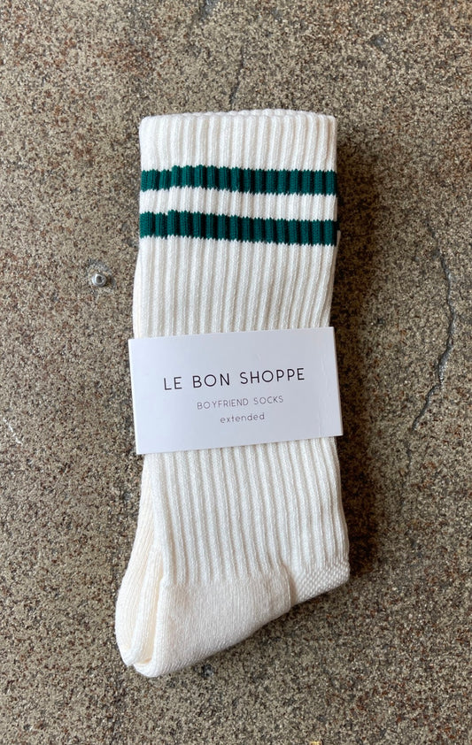 THE EXTENDED BOYFRIEND SOCK - Cream & Green Stripe