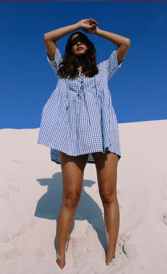 DARCEY TIE DRESS - Blue Gingham