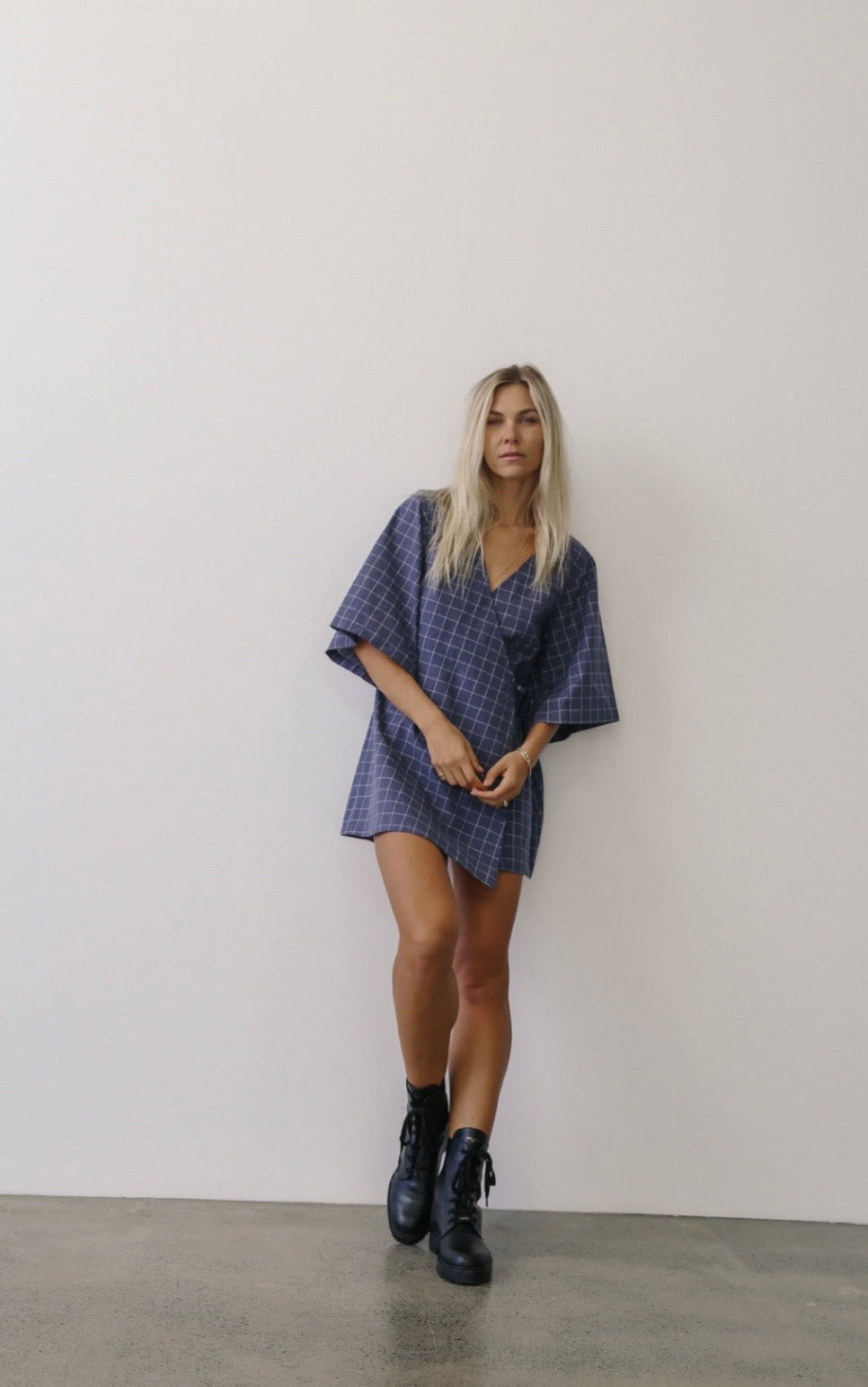 MIA WRAP MINI DRESS INDIGO PLAID