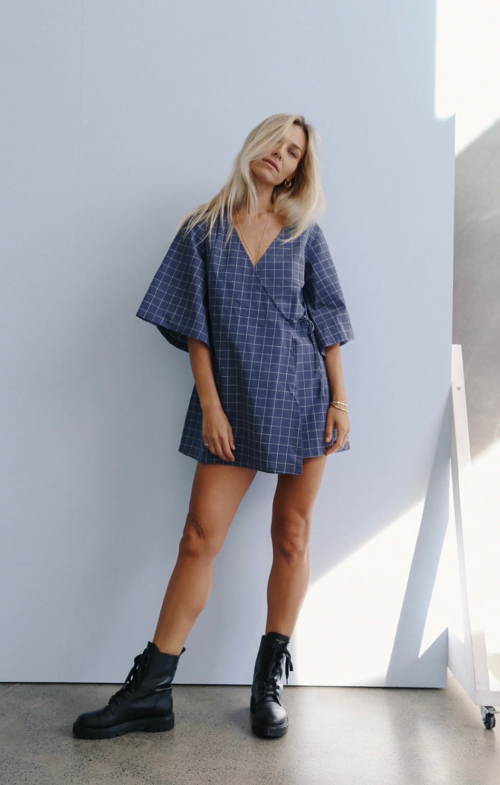 MIA WRAP MINI DRESS INDIGO PLAID