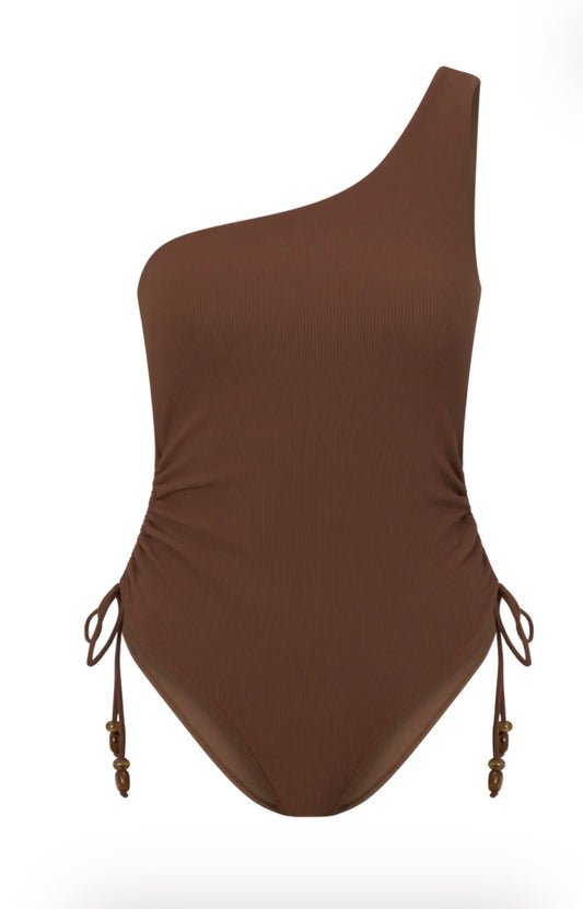 ONE SHOULDER RUCHED ONE PIECE- Choc