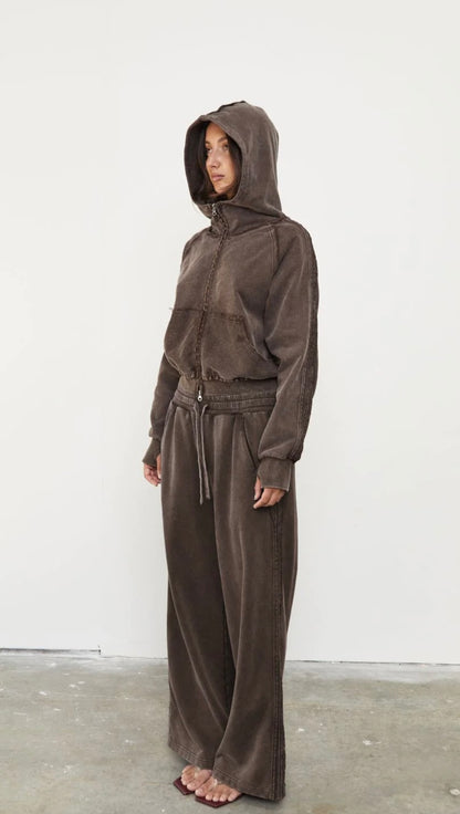 WIDE LEG ACID WASH TRACKSUIT PANT - SOIL