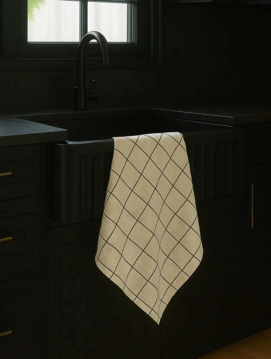 PURE FRENCH LINEN TEA TOWEL - Black Grid