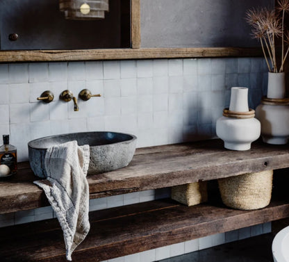 RETREAT LINEN HAND TOWEL - SET OF TWO - NATURAL/IVORY/BLACK / 50x60cm