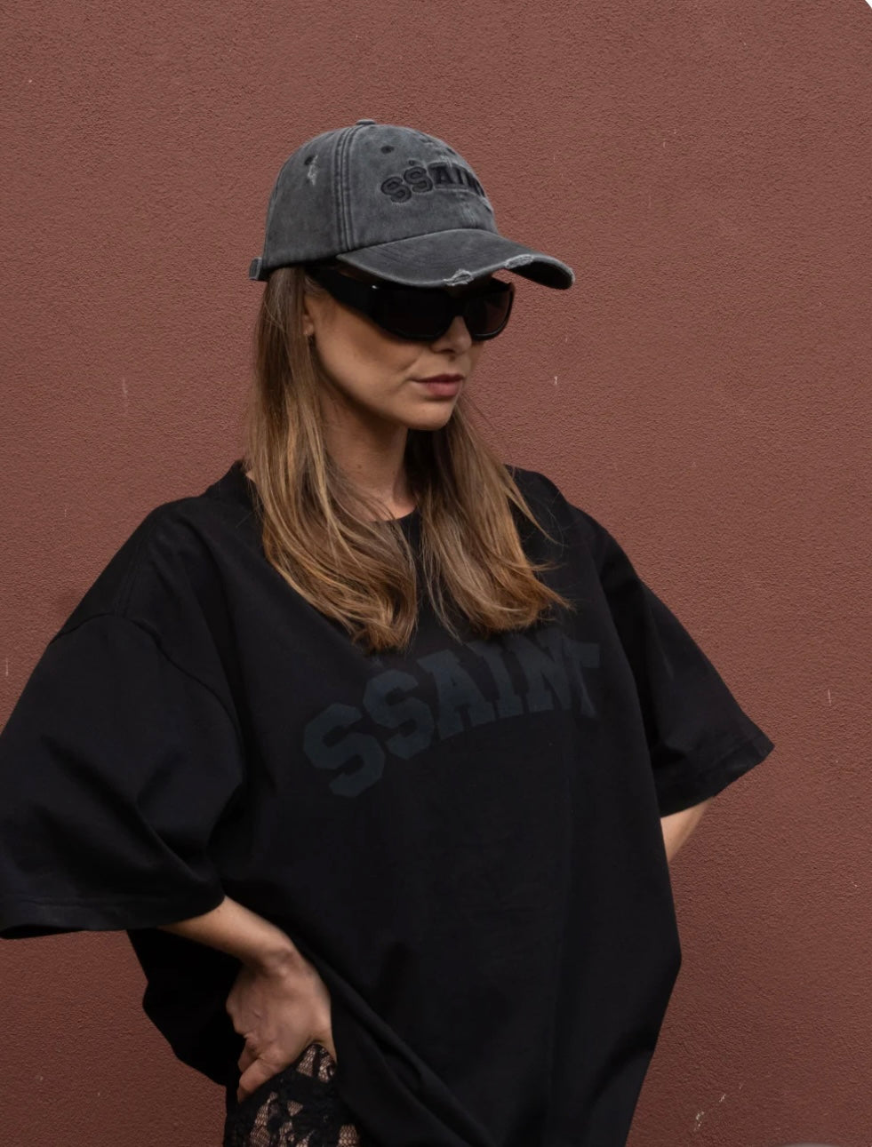 SSAINT LOGO CAP - BLACK ACID WASH