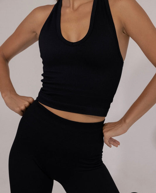 V NECK TANK - Black Ribbed