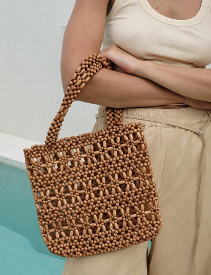 FLOWER BEADED BAG - TAN